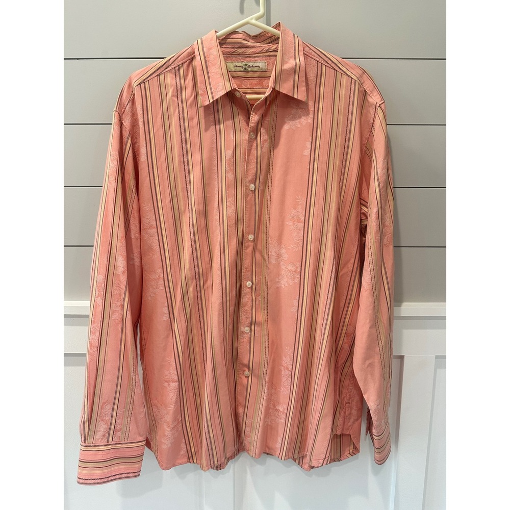 Tommy Bahama Mens Large Silk Cotton Coral Floral Striped Button Down Shirt‎
